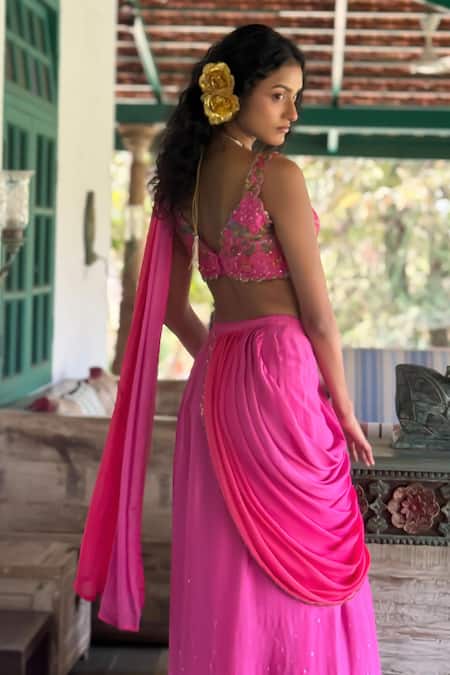 Shop_Basil Leaf_Pink Tussar, Chiffon Sequins, Embroidery Hot Pre-draped Saree Set _at_Aza_Fashions