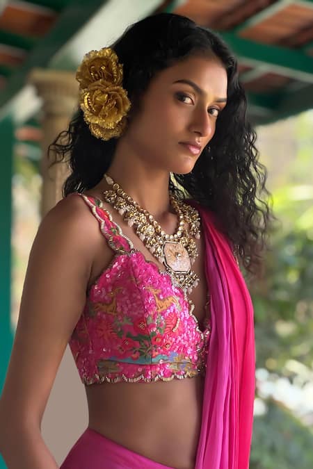 Basil Leaf_Pink Tussar, Chiffon Sequins, Embroidery Hot Pre-draped Saree Set _Online_at_Aza_Fashions