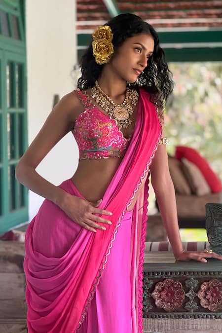 Buy_Basil Leaf_Pink Tussar, Chiffon Sequins, Embroidery Hot Pre-draped Saree Set _Online_at_Aza_Fashions