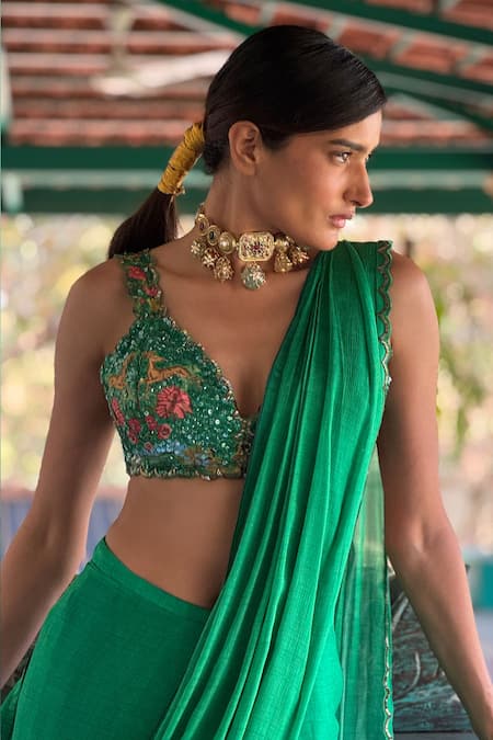 Basil Leaf_Green Chiffon, Tussar Embroidery, Sequins Emerald Pre-draped Saree Set _Online_at_Aza_Fashions