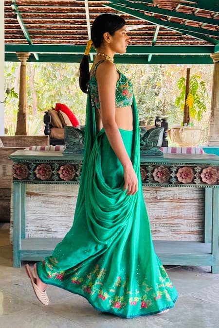 Shop_Basil Leaf_Green Chiffon, Tussar Embroidery, Sequins Emerald Pre-draped Saree Set _at_Aza_Fashions