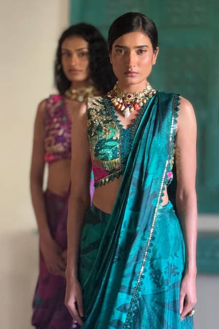 Basil Leaf Green , Satin Embroidery, Beads, Sequins Designer Pre-draped Saree Set Online at Aza Fashions Basil Leaf_Green , Satin Embroidery, Beads, Sequins Designer Pre-draped Saree Set_Online_at_Aza_Fashions