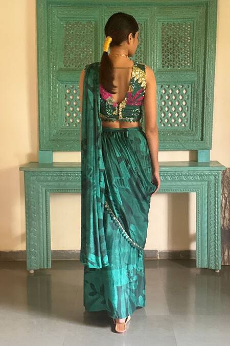 Shop Basil Leaf Green , Satin Embroidery, Beads, Sequins Designer Pre-draped Saree Set at Aza Fashions Shop_Basil Leaf_Green , Satin Embroidery, Beads, Sequins Designer Pre-draped Saree Set_at_Aza_Fashions