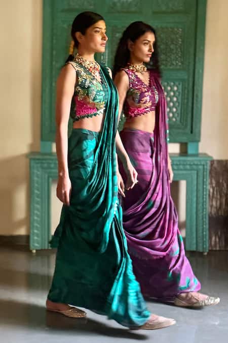 Buy Basil Leaf Green , Satin Embroidery, Beads, Sequins Designer Pre-draped Saree Set Online at Aza Fashions Buy_Basil Leaf_Green , Satin Embroidery, Beads, Sequins Designer Pre-draped Saree Set_Online_at_Aza_Fashions