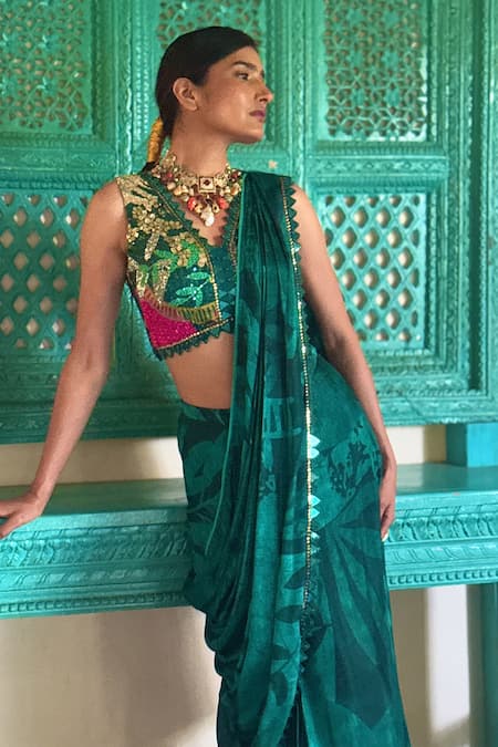 Shop Basil Leaf Green , Satin Embroidery, Beads, Sequins Designer Pre-draped Saree Set Online at Aza Fashions Shop_Basil Leaf_Green , Satin Embroidery, Beads, Sequins Designer Pre-draped Saree Set_Online_at_Aza_Fashions