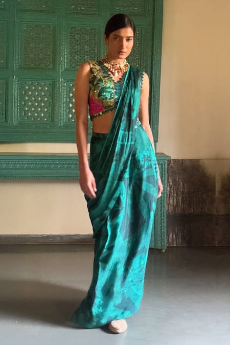 Basil Leaf Green , Satin Embroidery, Beads, Sequins Designer Pre-draped Saree Set at Aza Fashions Basil Leaf_Green , Satin Embroidery, Beads, Sequins Designer Pre-draped Saree Set_at_Aza_Fashions