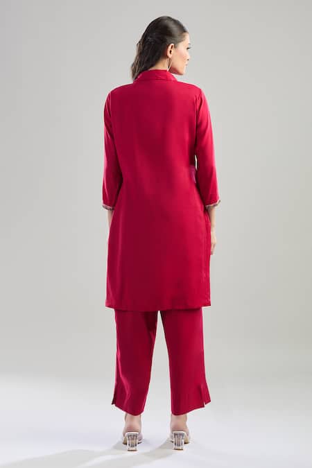 Shop Naintara Bajaj Red Polyester Embroidery Shawl Neck Seed Bead Kurta Set at Aza Fashions Shop_Naintara Bajaj_Red Polyester Embroidery Shawl Neck Seed Bead Kurta Set _at_Aza_Fashions