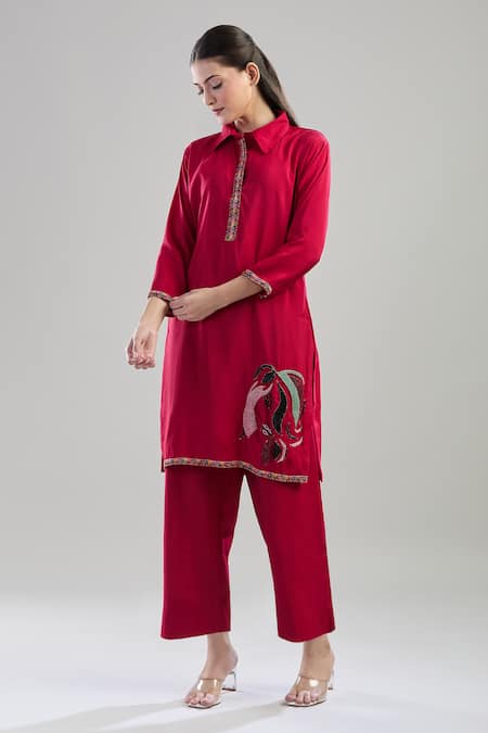 Naintara Bajaj Red Polyester Embroidery Shawl Neck Seed Bead Kurta Set at Aza Fashions Naintara Bajaj_Red Polyester Embroidery Shawl Neck Seed Bead Kurta Set _at_Aza_Fashions