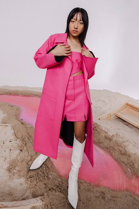 Shop_July Issue_Pink Leatherette, Faux Open Neck, Solid Long Jacket Mini Skirt Set _Online_at_Aza_Fashions