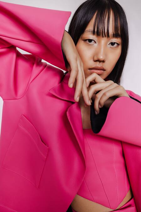 July Issue_Pink Leatherette, Faux Open Neck, Solid Long Jacket Mini Skirt Set _at_Aza_Fashions