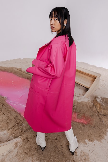 Shop_July Issue_Pink Leatherette, Faux Open Neck, Solid Long Jacket Mini Skirt Set _at_Aza_Fashions