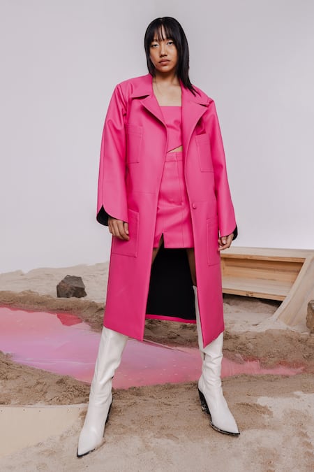 Shop_July Issue_Pink Leatherette, Faux Open Neck, Solid Long Jacket Mini Skirt Set 