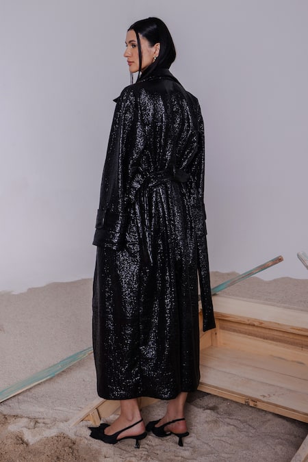 Shop_July Issue_Black Open Neck Metallic Textured Jacket And Paper Bag Shorts Set _at_Aza_Fashions