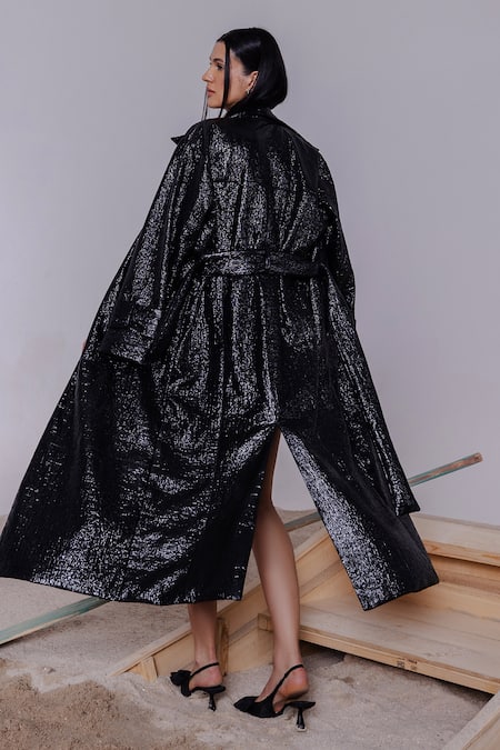 July Issue_Black Open Neck Metallic Textured Jacket And Paper Bag Shorts Set _Online_at_Aza_Fashions
