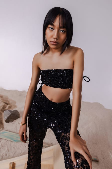 Buy_July Issue_Black Net, Lycra Sequins, Beads Round Neck Embellished Bandeau Top And Flared Pant _Online_at_Aza_Fashions
