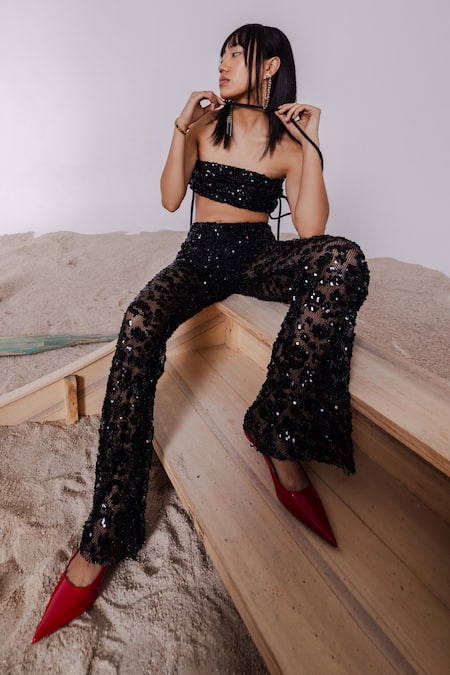 Shop_July Issue_Black Net, Lycra Sequins, Beads Round Neck Embellished Bandeau Top And Flared Pant _Online_at_Aza_Fashions