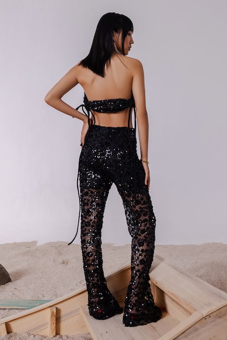 Shop_July Issue_Black Net, Lycra Sequins, Beads Round Neck Embellished Bandeau Top And Flared Pant _at_Aza_Fashions
