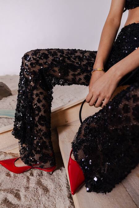 Shop_July Issue_Black Net, Lycra Sequins, Beads Round Neck Embellished Bandeau Top And Flared Pant 