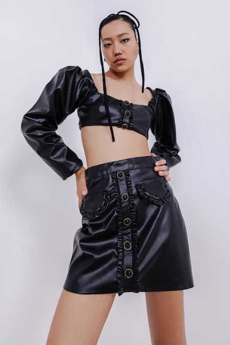 Buy_July Issue_Black Faux Leather, Crepe Square Neck Frilled Crop Top And Mini Skirt Set _Online_at_Aza_Fashions