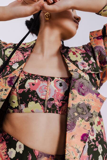 July Issue_Multi Color Cotton Woven Floral Blazer And Mini Skirt Set _Online_at_Aza_Fashions