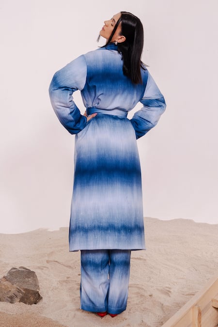 Shop_July Issue_Blue Cotton V-neck Shaded Jacket And Pant Set _at_Aza_Fashions