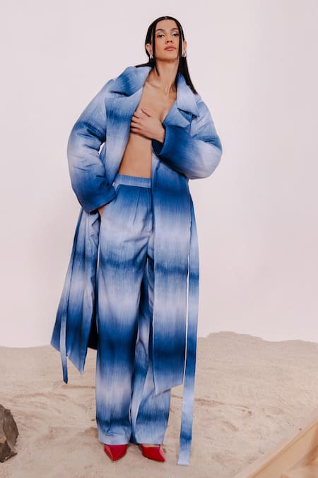 Shop_July Issue_Blue Cotton V-neck Shaded Jacket And Pant Set _Online_at_Aza_Fashions