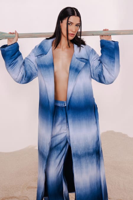 July Issue_Blue Cotton V-neck Shaded Jacket And Pant Set _at_Aza_Fashions