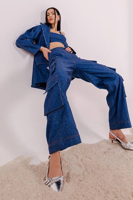 July Issue_Blue Denim Blazer And Cargo Pant Set _Online_at_Aza_Fashions