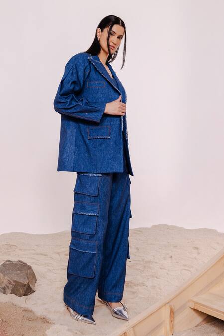 Shop_July Issue_Blue Denim Blazer And Cargo Pant Set _Online_at_Aza_Fashions