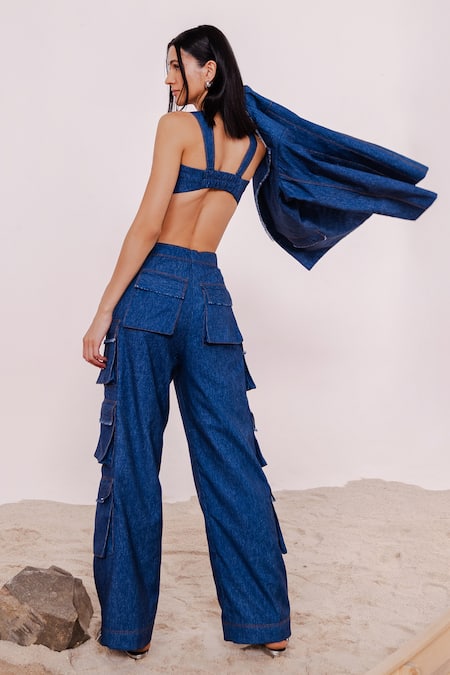 Shop_July Issue_Blue Denim Blazer And Cargo Pant Set _at_Aza_Fashions