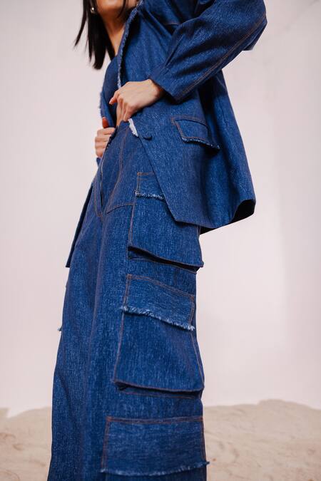 July Issue_Blue Denim Blazer And Cargo Pant Set _at_Aza_Fashions