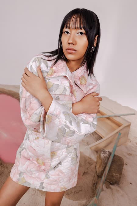 July Issue_Off White Cotton Round Neck Floral Quilted Cropped Jacket And Mini Skirt _Online_at_Aza_Fashions