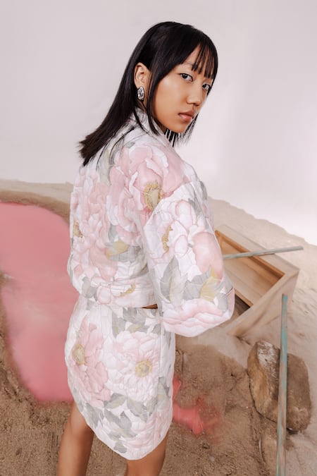 Shop_July Issue_Off White Cotton Round Neck Floral Quilted Cropped Jacket And Mini Skirt _at_Aza_Fashions