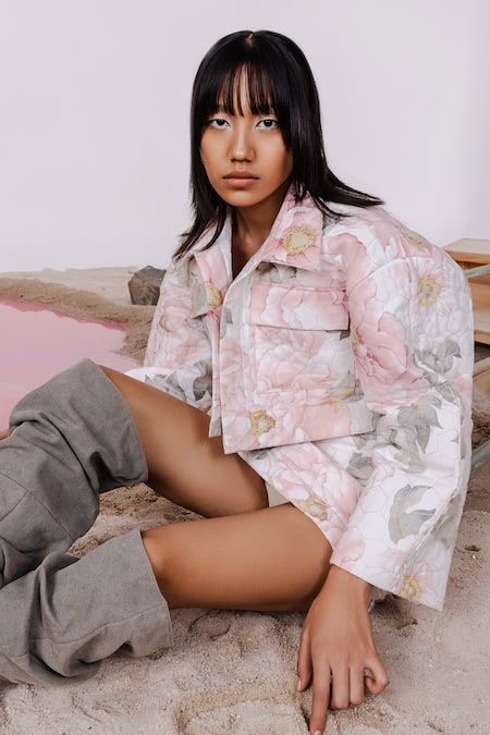 Shop_July Issue_Off White Cotton Round Neck Floral Quilted Cropped Jacket And Mini Skirt _Online_at_Aza_Fashions