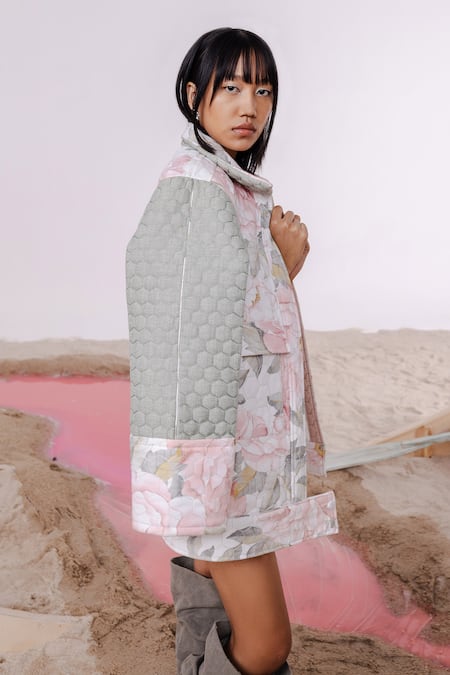 Shop_July Issue_Off White Collared, Bandeau Neck Floral Quilted Jacket And Mini Skirt Set _at_Aza_Fashions