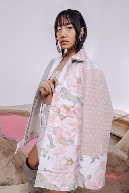 Shop_July Issue_Off White Collared, Bandeau Neck Floral Quilted Jacket And Mini Skirt Set _Online_at_Aza_Fashions