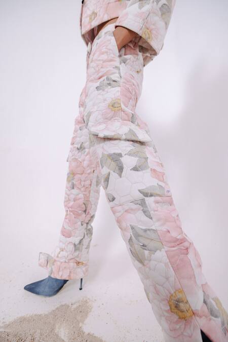 Shop_July Issue_Pink Cotton Round Neck, Collared Floral Quilted Jacket And Jogger Pant Set _Online_at_Aza_Fashions