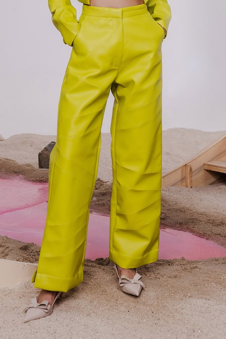 Buy_July Issue_Green Faux Leather Collared, Bandeau Neck Solid Cropped Jacket And Pant Set _Online_at_Aza_Fashions