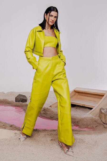 Shop_July Issue_Green Faux Leather Collared, Bandeau Neck Solid Cropped Jacket And Pant Set _Online_at_Aza_Fashions