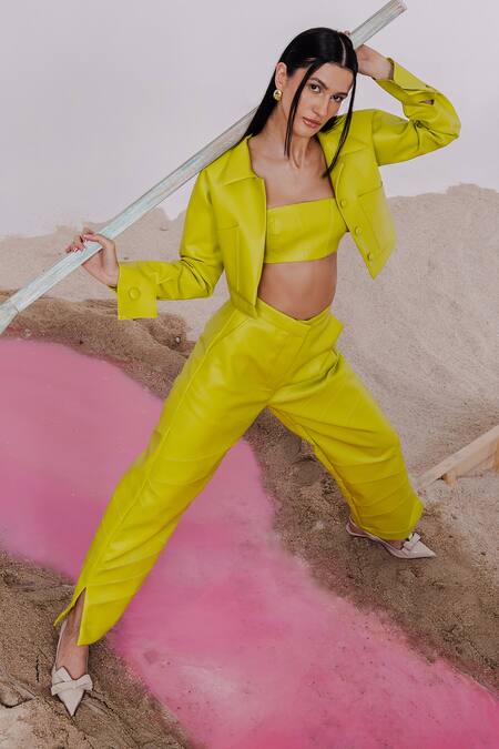 July Issue_Green Faux Leather Collared, Bandeau Neck Solid Cropped Jacket And Pant Set _at_Aza_Fashions