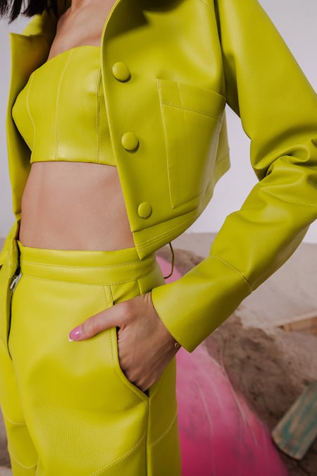 Buy_July Issue_Green Faux Leather Collared, Bandeau Neck Solid Cropped Jacket And Pant Set 
