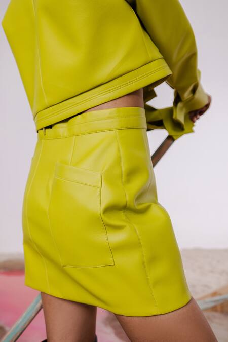 July Issue_Green Faux Leather Collared Solid Cropped Jacket And Mini Skirt Set _Online_at_Aza_Fashions