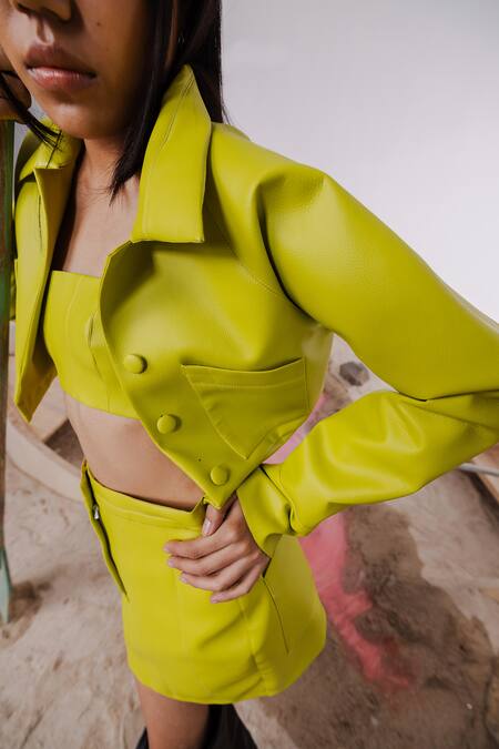 Buy_July Issue_Green Faux Leather Collared Solid Cropped Jacket And Mini Skirt Set _Online_at_Aza_Fashions