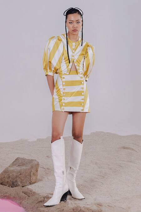 July Issue_Off White Cotton, Polyester, Satin, Immy Stripe Pattern Crop Top And Mini Skirt _Online_at_Aza_Fashions