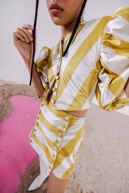 Buy_July Issue_Off White Cotton, Polyester, Satin, Immy Stripe Pattern Crop Top And Mini Skirt _Online_at_Aza_Fashions