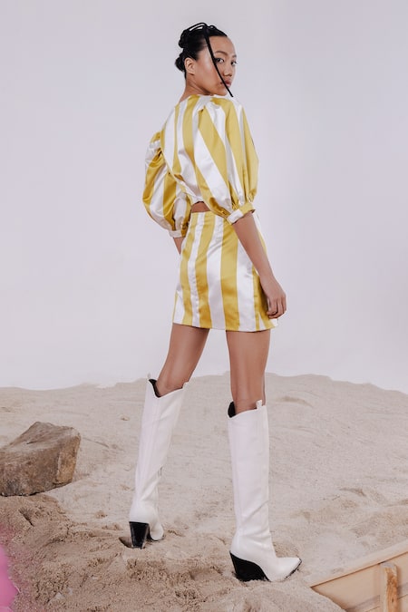 Shop_July Issue_Off White Cotton, Polyester, Satin, Immy Stripe Pattern Crop Top And Mini Skirt _Online_at_Aza_Fashions
