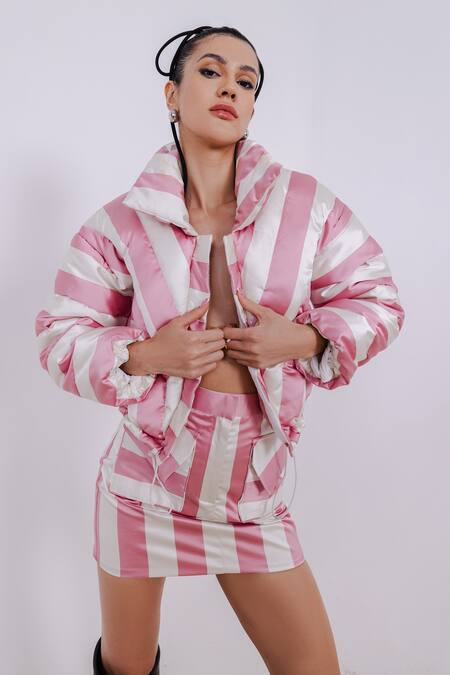 July Issue_Off White Cotton, Polyester, Abby Stripe Patterned Puffer Jacket And Mini Skirt _Online_at_Aza_Fashions