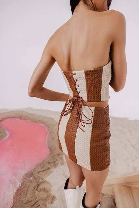 Shop_July Issue_Brown Faux Leather, Taffeta Round Neck Textured Corset And Mini Skirt Set _Online_at_Aza_Fashions