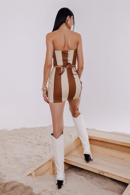 Shop_July Issue_Brown Faux Leather, Taffeta Round Neck Textured Corset And Mini Skirt Set _at_Aza_Fashions