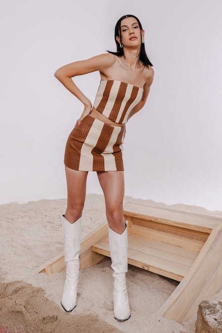 July Issue_Brown Faux Leather, Taffeta Round Neck Textured Corset And Mini Skirt Set _at_Aza_Fashions